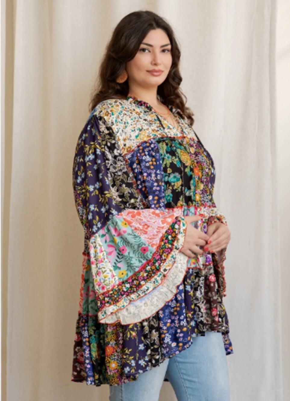 Young Threads Floral Patchwork Bell Sleeve Blouse Size XL NWT - Coastal Boho